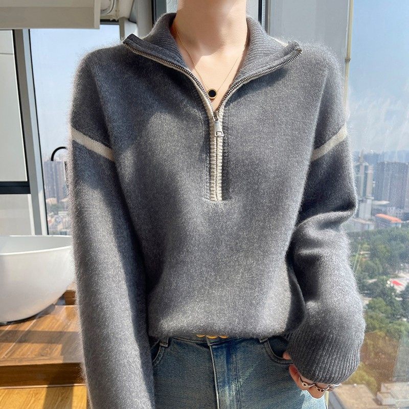 高级感拼色翻领拉链100纯羊绒衫女秋冬气质慵懒毛衣针织羊毛打底,淘宝优惠券,粉丝福利购,淘宝优惠卷