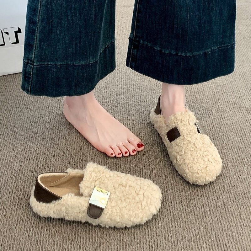 英国真皮厚底毛毛勃肯鞋女款2025新款秋冬季加绒棉鞋一脚蹬豆豆鞋,淘宝优惠券,粉丝福利购,淘宝优惠卷