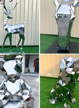 大型不锈钢几何块面鹿雕塑石头广场园林景观镜面动物落地摆件定制