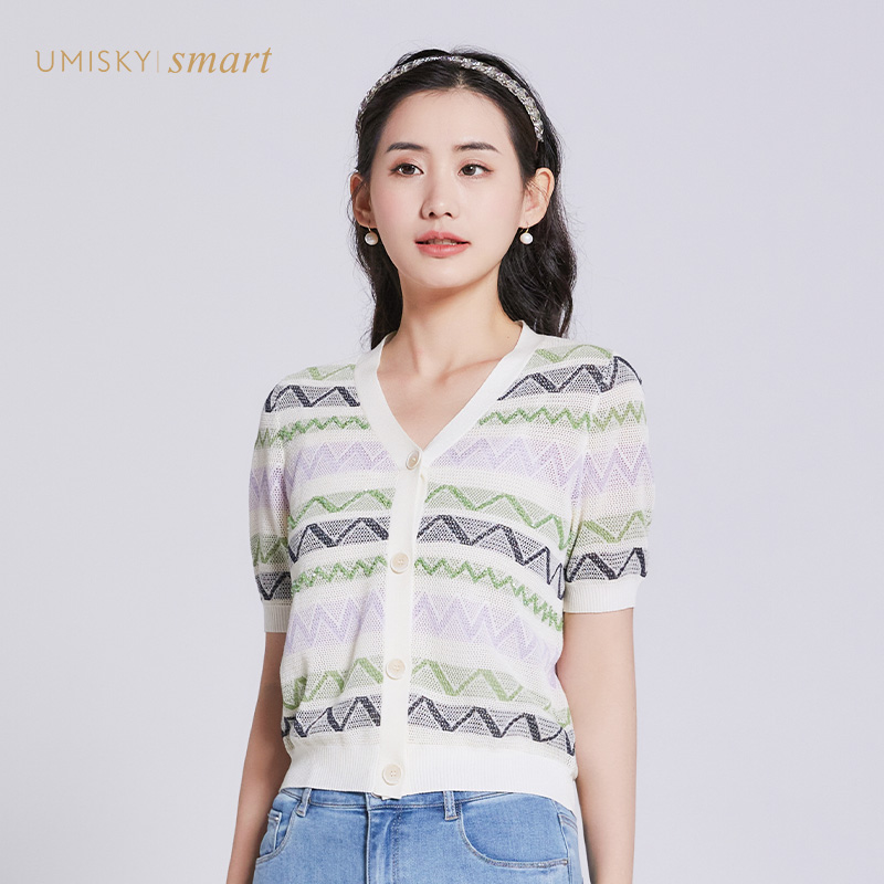 umisky优美世界女装夏季V领几何条纹针织开衫外套VI2S1010-图0