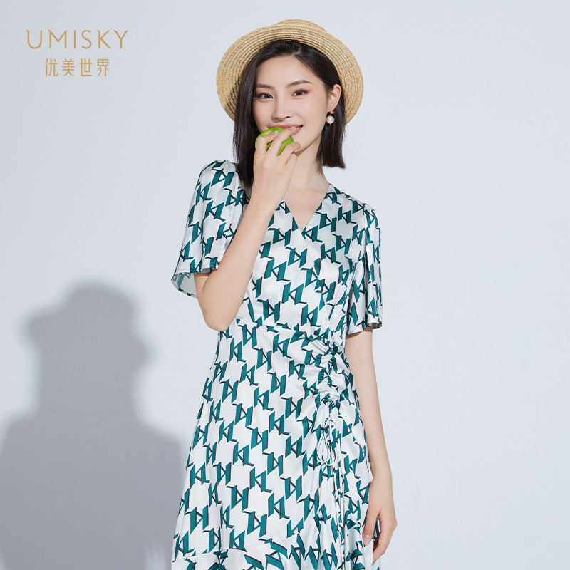 umisky优美世界女装夏季度假风几何印花不规则连衣裙VI2D1015-图0