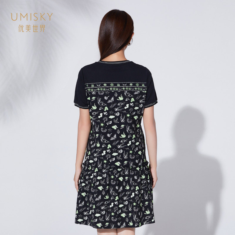 umisky优美世界商场同款夏季复古珠地印花小个子连衣裙SK2D3028,淘宝优惠券,粉丝福利购,淘宝优惠卷