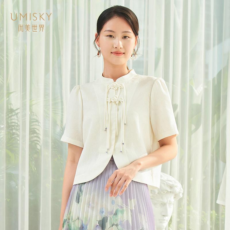 umisky优美世界商场同款女装春季立领短款中式短袖衬衣SI1G1012-图2