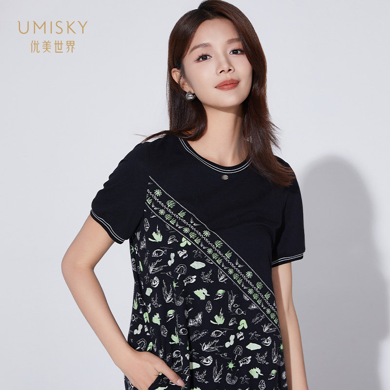 umisky优美世界商场同款夏季复古珠地印花小个子连衣裙SK2D3028,淘宝优惠券,粉丝福利购,淘宝优惠卷