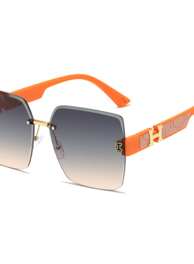 新款时尚无框太阳镜防紫外线轻奢字母高级感切边方型潮流墨镜