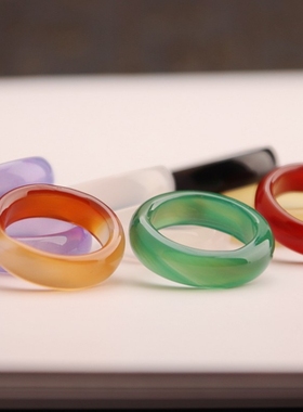 仿玉髓玛瑙指环手持跑环女红蓝粉玉髓戒指情侣尾戒冰种玉石扳指