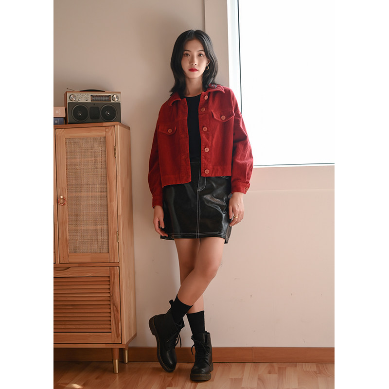 春秋百搭红色灯芯绒短款外套秋新款 承兔短外套