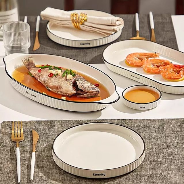 High-end ceramic bi-eared fish plate household steamed fish plate