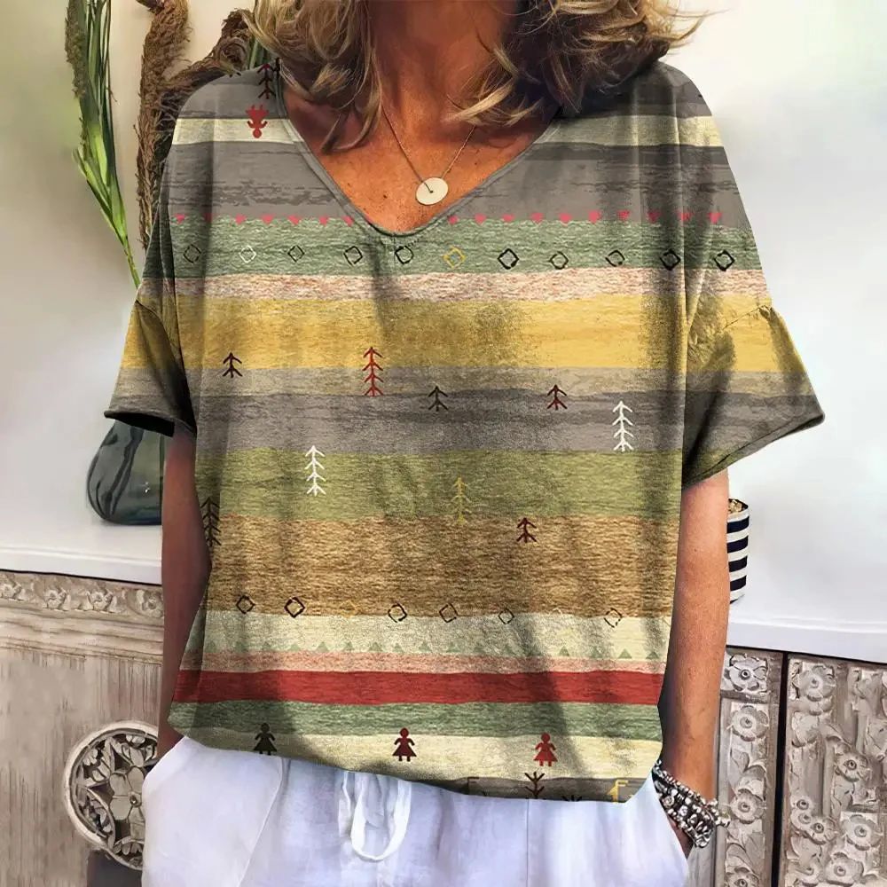 Summer Plaid V Neck T Shirt for Women Casual Sweatshirt New - 图3