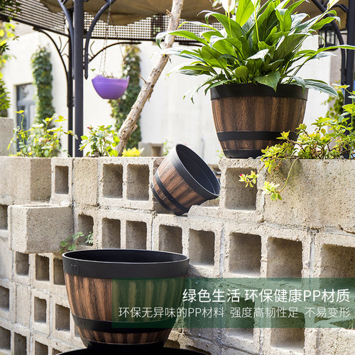 爱美塑料花盆仿木桶酒桶无孔加厚树脂特大号复古荷花碗莲睡莲盆缸 - 图1