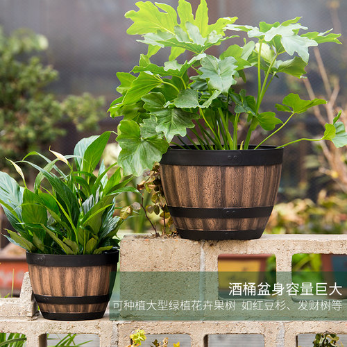 爱美塑料花盆仿木桶酒桶无孔加厚树脂特大号复古荷花碗莲睡莲盆缸 - 图0
