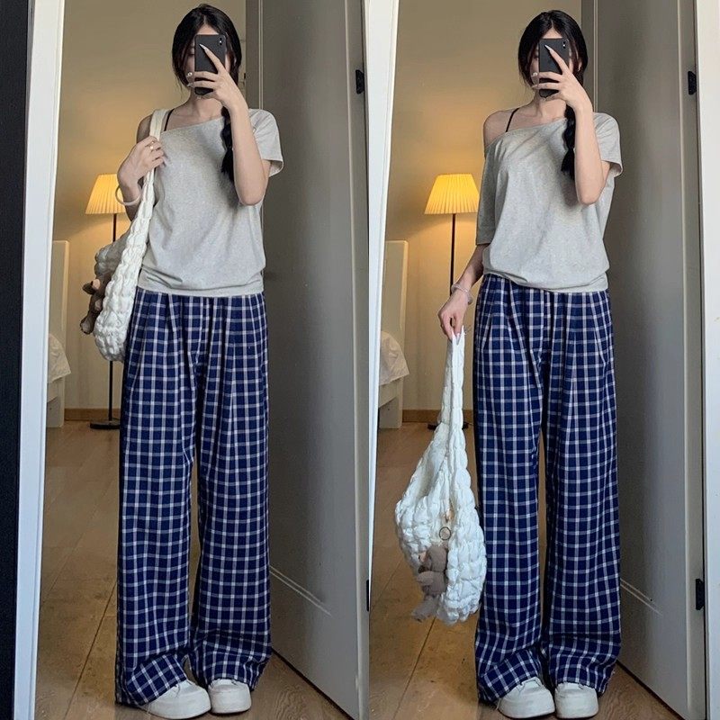 清仓捡漏赵露思同款复古蓝色格子阔腿裤女春秋休闲高腰宽松拖地裤,淘宝优惠券,粉丝福利购,淘宝优惠卷