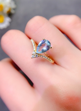 天然托帕石戒指高净度满火彩925银精工瑞士蓝天空蓝活口纯银戒指