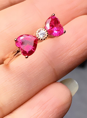 纯银红色宝石心形结婚活口戒指