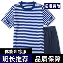 Sea Souls Cardigan Summer Fitness Training Suit Breathable Speed Dry T-Shirt Blue White Striped Fitness Short Sleeve Shorts