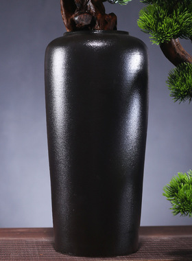陶瓷粗陶复古黑色陶罐花瓶摆件客厅迎客松落地大号插花家居装饰品
