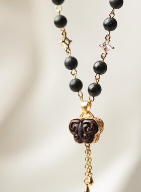 新中式复古降真香6mm蝴蝶项链女夏国风长款吊坠小众设计精品锁骨