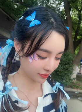 蓝色灵蝶 古风仙气女渐层双层绢纱小蝴蝶发夹汉服头饰高级感边夹