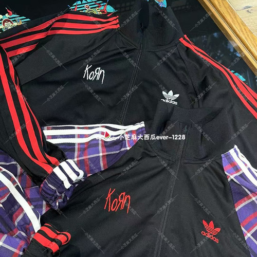 adidas三叶草正品KoRn联名双面穿格纹宽松运动休闲夹克外套JG1341 - 图1
