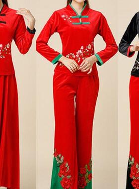 送扇子秋冬广场舞蹈服新款刺绣花秧歌风中老年女团体演出服表民族