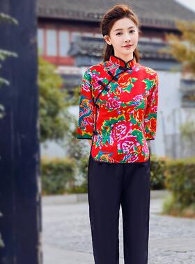 送扇子套装大花布衣服伴娘女村姑演出服花衣服民族服装秧歌表演舞