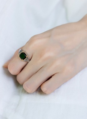 天然黑玛瑙古典花纹印章戒指S925银渡18K金PT950铂金分色电镀指环