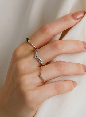 日韩轻奢风简约三件套S925银渡18K金PT950铂金戒指时尚绿玛瑙花纹