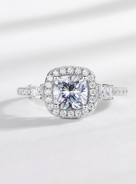 款经典璀璨肥方莫桑石戒指女S925银渡18K金PT950铂金满钻闪耀指戒