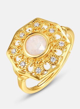 珠宝天然月光石戒指绽放向日葵精致S925银渡18K金PT950铂金戒子