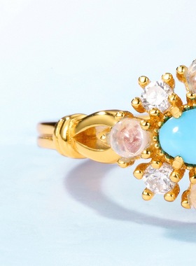 复古宫廷风绿松石戒指时尚流行S925银渡18K金PT950铂金蓝月光戒指