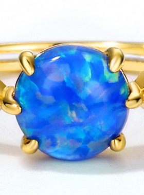 S925银渡18K金PT950铂金轻奢海蓝色合成蓝欧泊戒指女个性精工指环