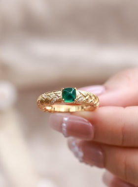 拉丝戒指轻奢气质S925银七层电镀18K金PT950铂金培育祖母绿指环