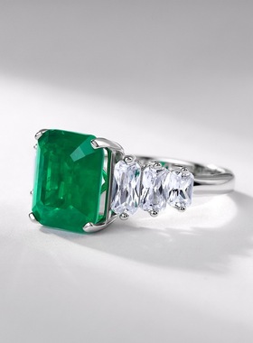 几何合成祖母绿戒指轻奢高级感S925银七层电镀18K金PT950铂金戒指