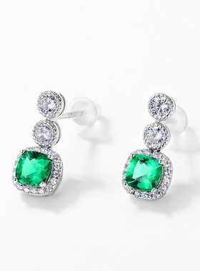 时尚几何培育祖母绿耳钉S925银渡18K金PT950铂金耳坠复古高级耳饰