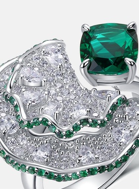 新款精工满钻花瓣戒指女S925银渡18K金PT950铂金培育祖母绿戒指