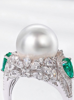 个性夸张贝壳珍珠戒指女S925银渡18K金PT950铂金培育祖母绿指环