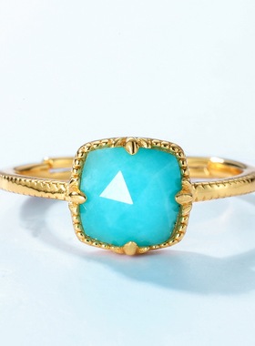 简约几何天河石戒指时尚S925银渡18K金PT950铂金戒指开口可调节