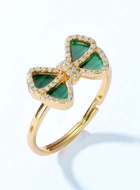 新款日韩轻奢复古蝴蝶结戒指S925银渡18K金PT950铂金孔雀石戒指