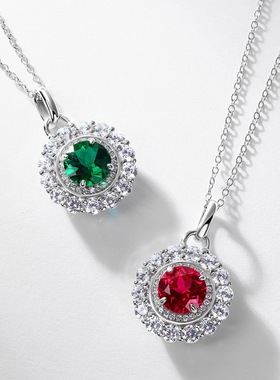 复古培育祖母绿项链S925银渡18K金PT950铂金镶培育红宝吊坠锁骨链