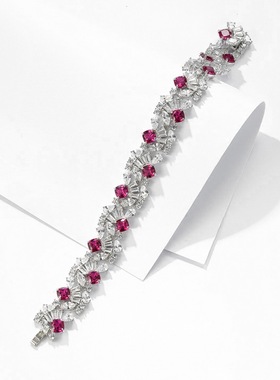 轻奢复古S925银渡18K金PT950铂金培育红蓝绿宝石满钻手链气质手饰