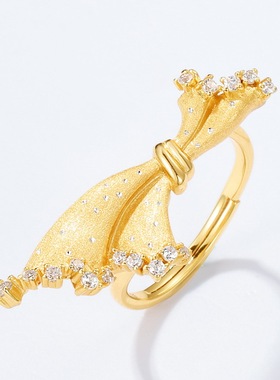 宫廷风金色拉丝小裙子戒指别致个性S925银渡18K金PT950铂金食指戒