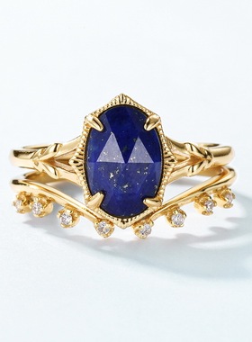 轻奢复古天然青金石叠戴套戒日韩S925银渡18K金PT950铂金彩宝戒指