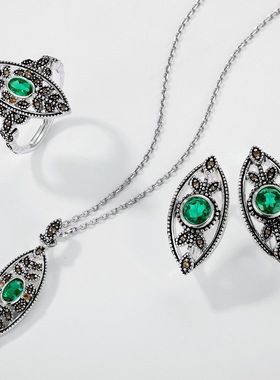 复古S925银渡18K金PT950铂金树叶戒指女个性夸张培育祖母绿指环