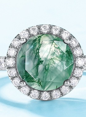 新款个性天然水草玛瑙戒指女S925银渡18K金PT950铂金绿苔藓石指戒