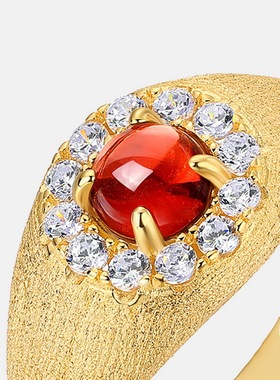 新中式拉丝石榴石戒指高级感S925银七层电镀18K金PT950铂金戒指环