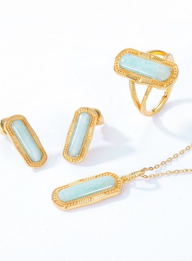 新款复古风几何长方天河石戒指S925银渡18K金PT950铂金宫廷风戒指