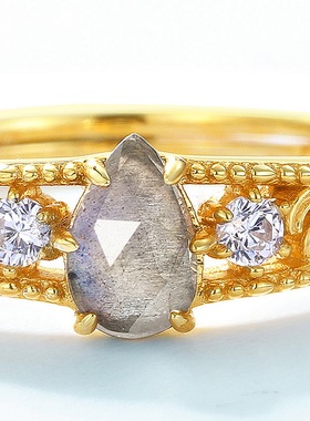 日韩新款几何水滴拉长石戒指复古蕾丝S925银渡18K金PT950铂金戒指