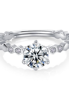 蜂巢款莫桑石S925银渡18K金PT950铂金镀金六爪开口戒1克拉女戒