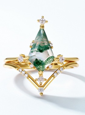 新款绿苔藓组合戒女S925银渡18K金PT950铂金个性独特水草玛瑙戒指