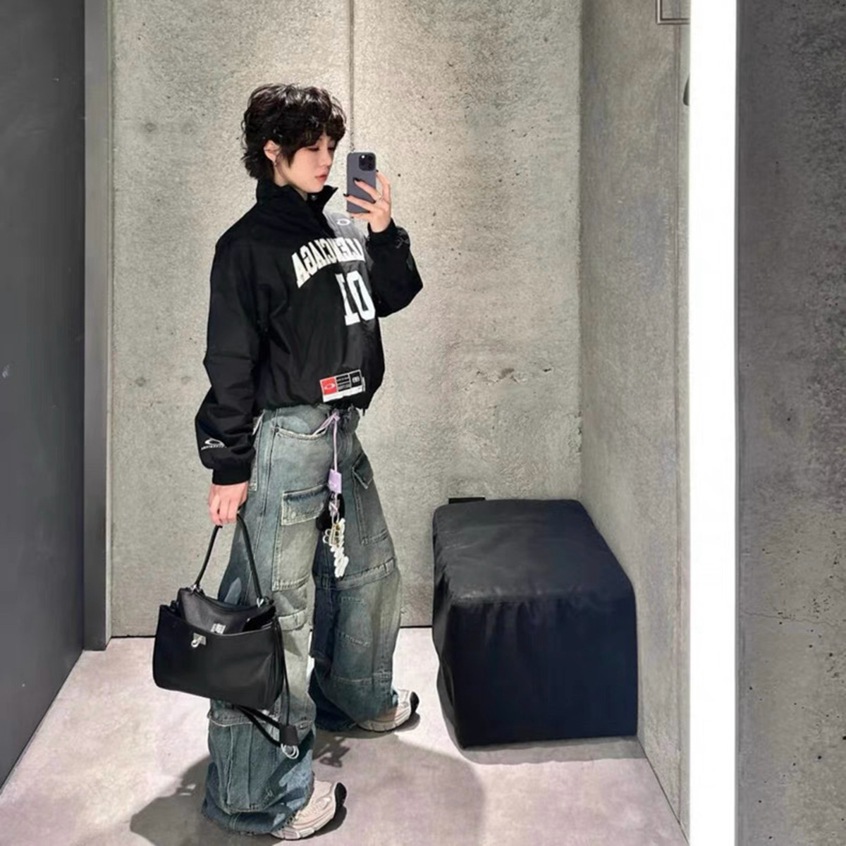 巴黎风格水洗蓝牛仔Flared Cargo做旧微喇多口袋可拆卸阔腿工装裤 - 图1